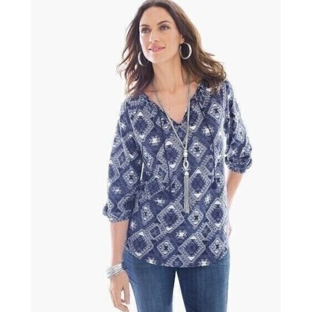 Chico's Womens XS (0) Diamond Print Peasant Blouse 3/4 Sleeve Boho Chic‎ Top